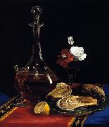 Adalbert John Volck still life by Adalbert John Volck, showing decanter of wine, oysters, small vase of flowers, slice of lemon oil painting artist